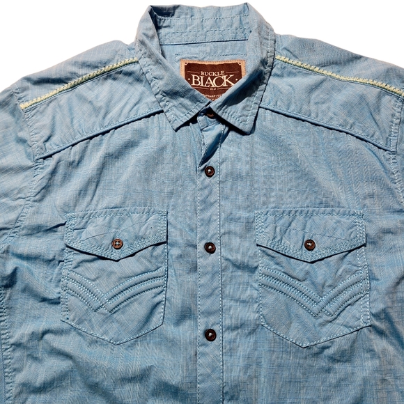 Buckle Black Mens Dungeon Shirt Large Cyan Blue Trim Western Pocket Button S/S - Picture 2 of 7